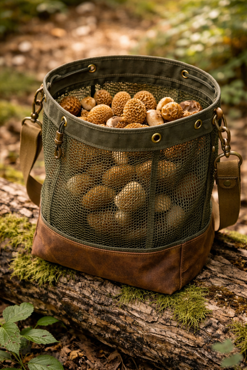 Mesh bag filled with mushrooms on a log in a forest setting