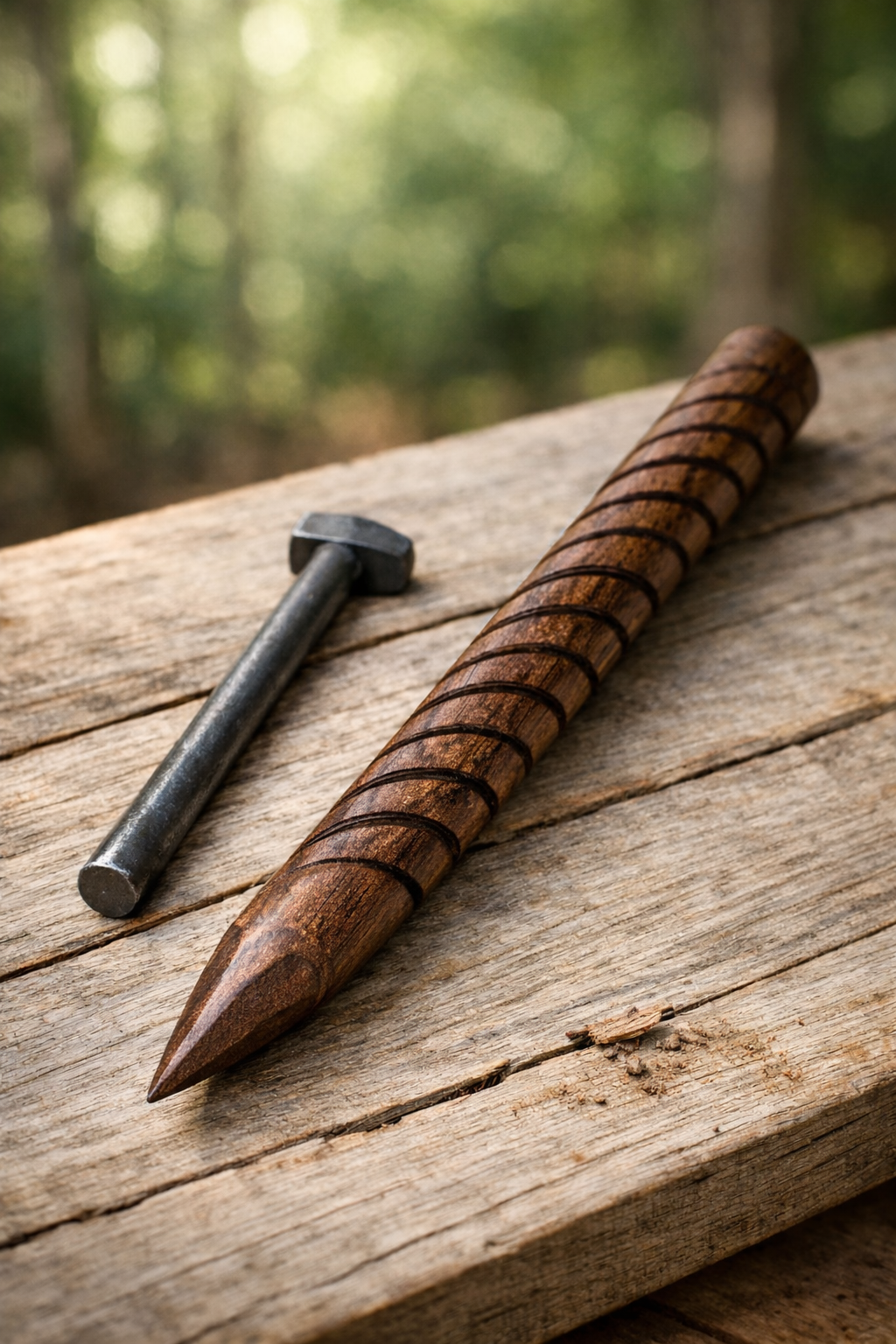Wooden Worm Grunter and metal hammer on a wooden surface with a blurred natural background