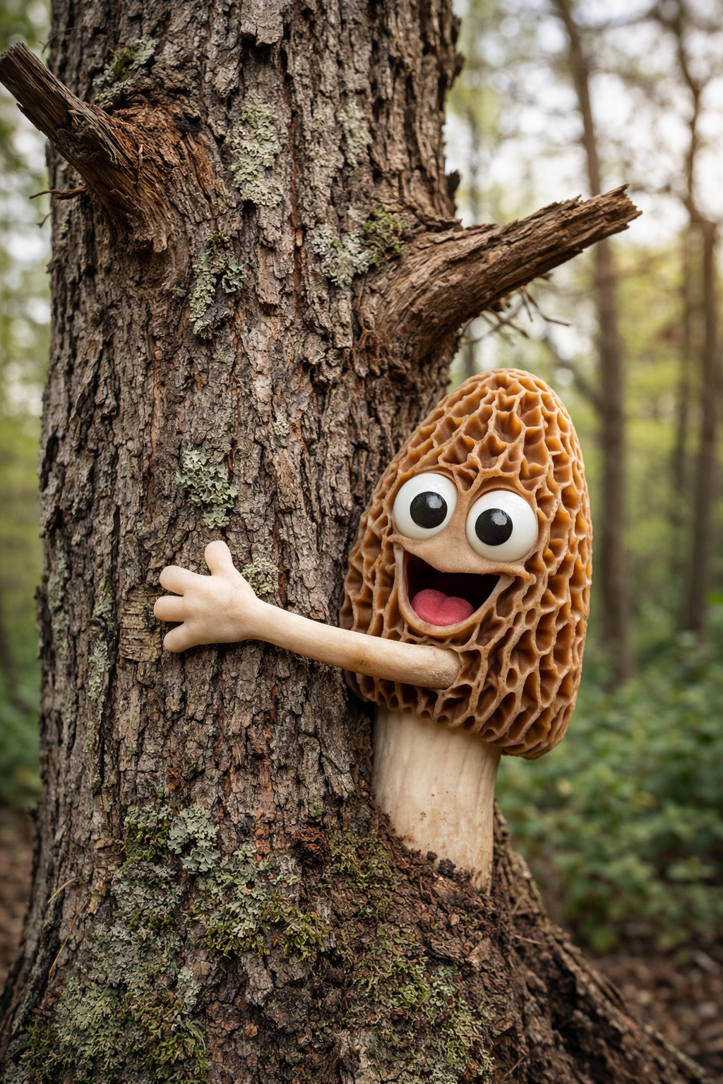 morel mushroom with fake hand hugging elm tree