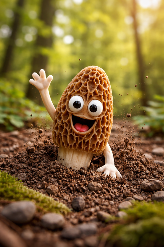 morel mushroom with funny eyes and hands popping out of the ground