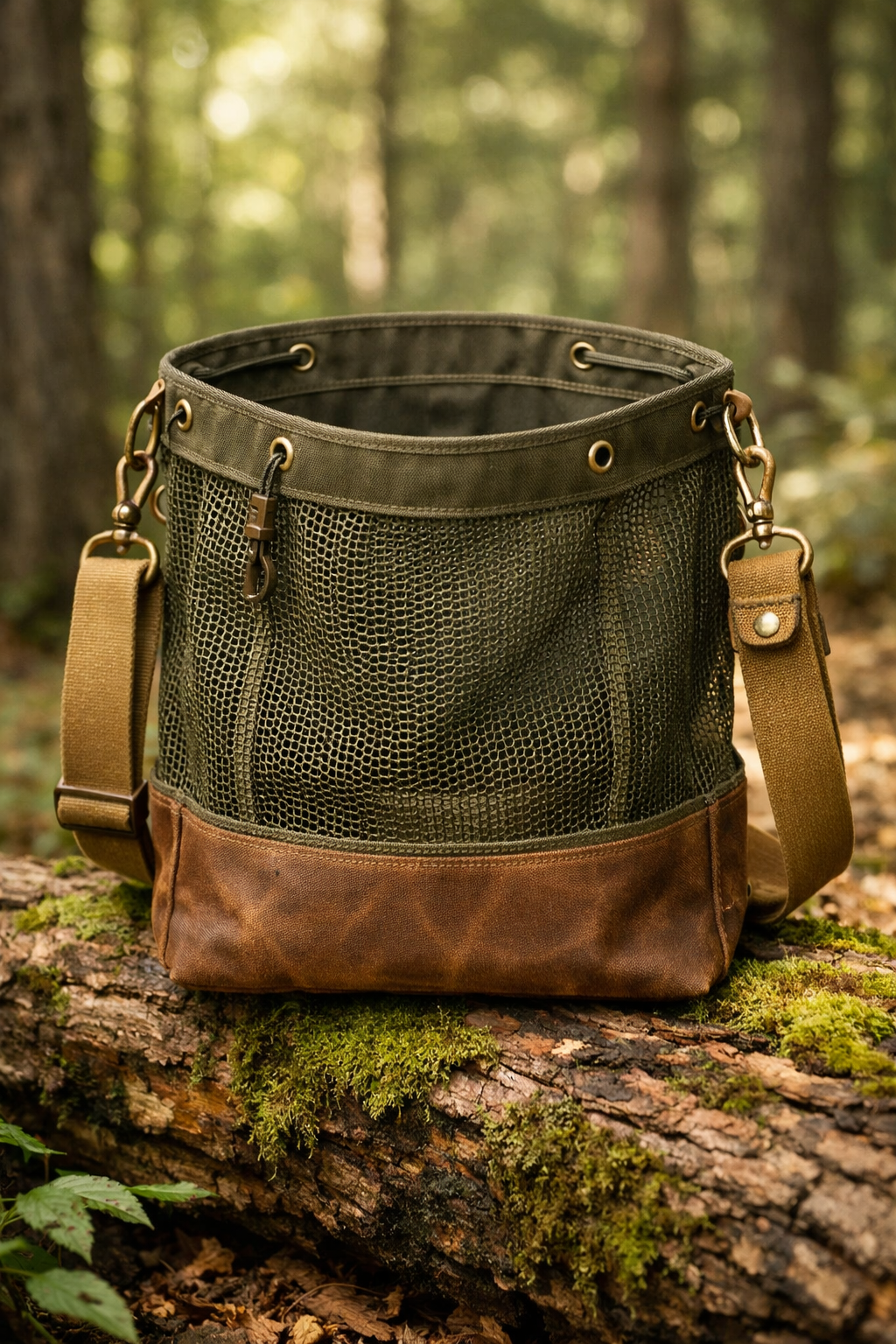 Backwood Provisions mesh foraging bag with waxed canvas bottom on forest log