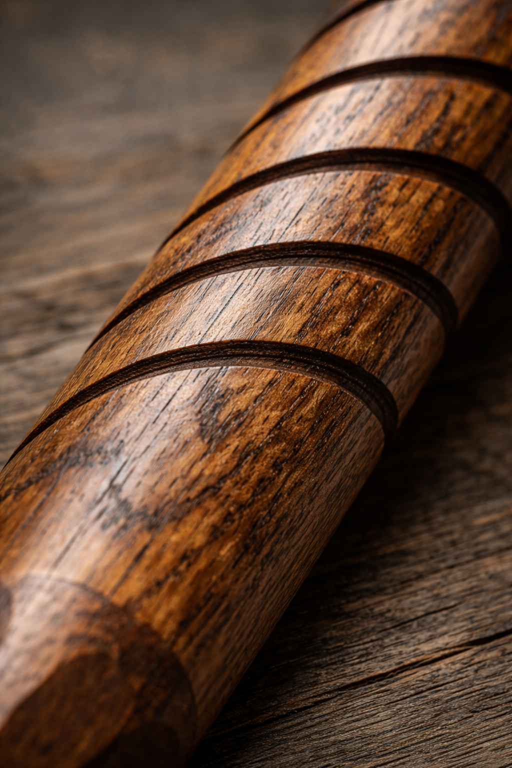 Close-up of American hardwood grain on handcrafted worm fiddle stake