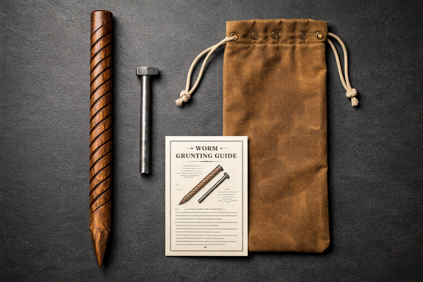 Worm grunting kit contents including wooden stake, steel bar, waxed canvas bag, and guide